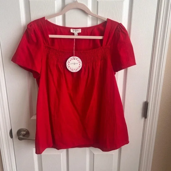 New Umgee USA Red Short Sleeve Smocked Square Neckline Blouse Top Cotton - Picture 1 of 9